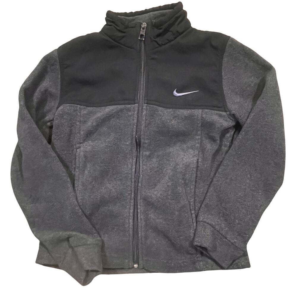 Nike Kids Boy 7 Full Zip Fleece Jacket Gray Black Swoosh Logo Warm Outerwear